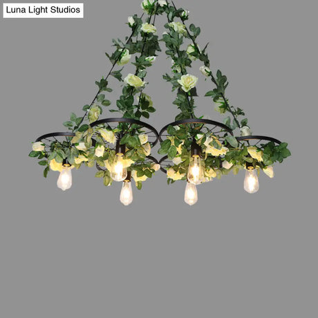 Retro Wheel Iron Chandelier Pendant Light With Plant Decor - Black 3/6 Heads