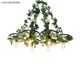 Retro Wheel Iron Chandelier Pendant Light With Plant Decor - Black 3/6 Heads