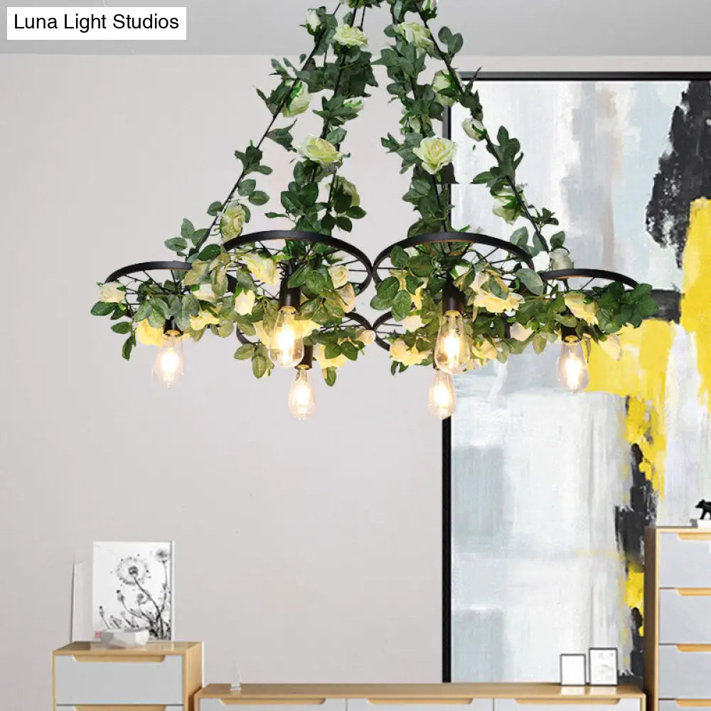 Retro Wheel Iron Chandelier Pendant Light With Plant Decor - 3/6 Heads In Black 6 /