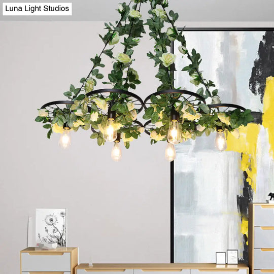 Retro Wheel Iron Chandelier Pendant Light With Plant Decor - 3/6 Heads In Black 6 /