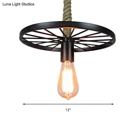 Retro Wheel Pendant Light: Black Metallic Ceiling Fixture With Bare Bulb For Restaurant