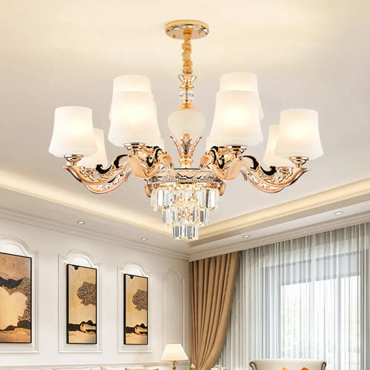 Retro White Glass Chandelier Pendant Light For Living Room With Tapered Shade 12 / Crystal