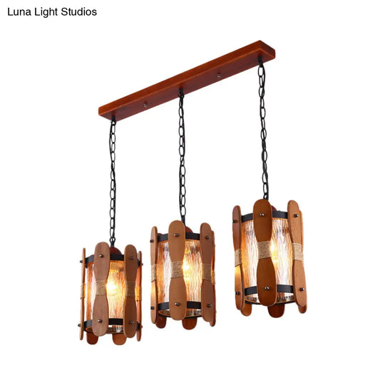 Retro Yellow Water Glass Pendant Light With Wood Panel Design - 3 Heads Cluster Brown Dining Room