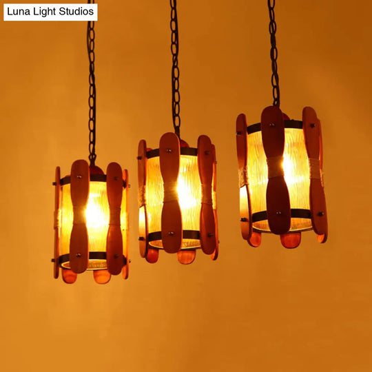 Yellow Water Glass Cluster Pendant - Retro 3 Head Dining Room Hanging Light Kit In Brown With Wood