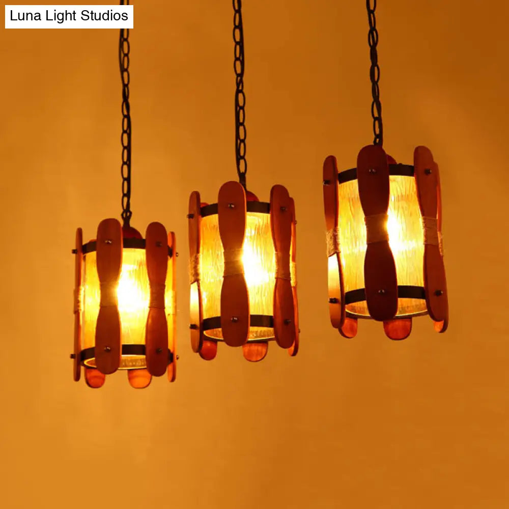 Retro Yellow Water Glass Pendant Light With Wood Panel Design - 3 Heads Cluster Brown Dining Room
