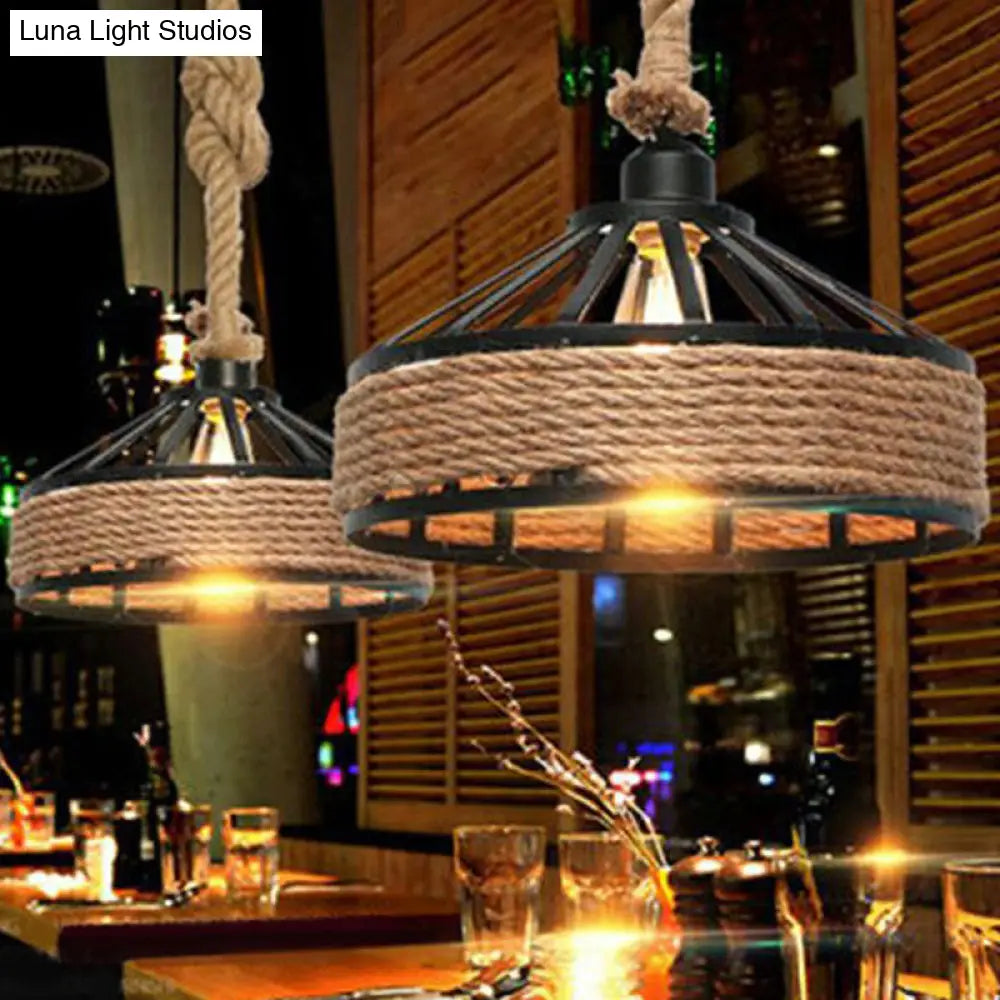 Retro Yurt Suspension Lighting - 1 Head Hemp Rope Pendant/Ceiling Light In Brown / Small