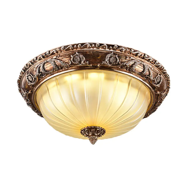 Ribbed Frosted Glass Led Flush Mount Ceiling Light In Traditional Brown - 14/16/19.5
