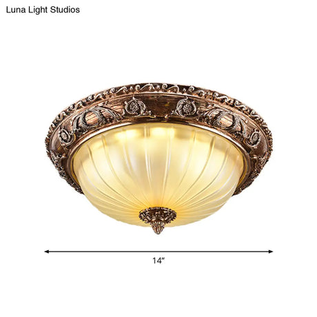 Ribbed Frosted Glass Led Flush Mount Ceiling Light In Traditional Brown - 14’/16’/19.5
