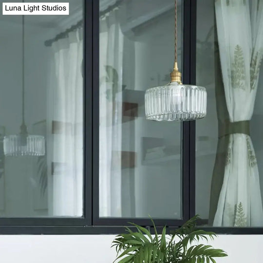 Ribbed Glass Brass Pendant Light With Clear Finish 1 Head Round Suspension Lamp For Warehouse