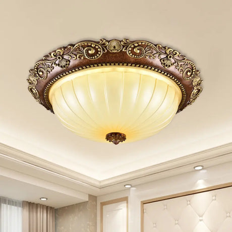 Ribbed Glass Ceiling Flush Foyer Led Mount Light In Brown - Traditional Bowl Design