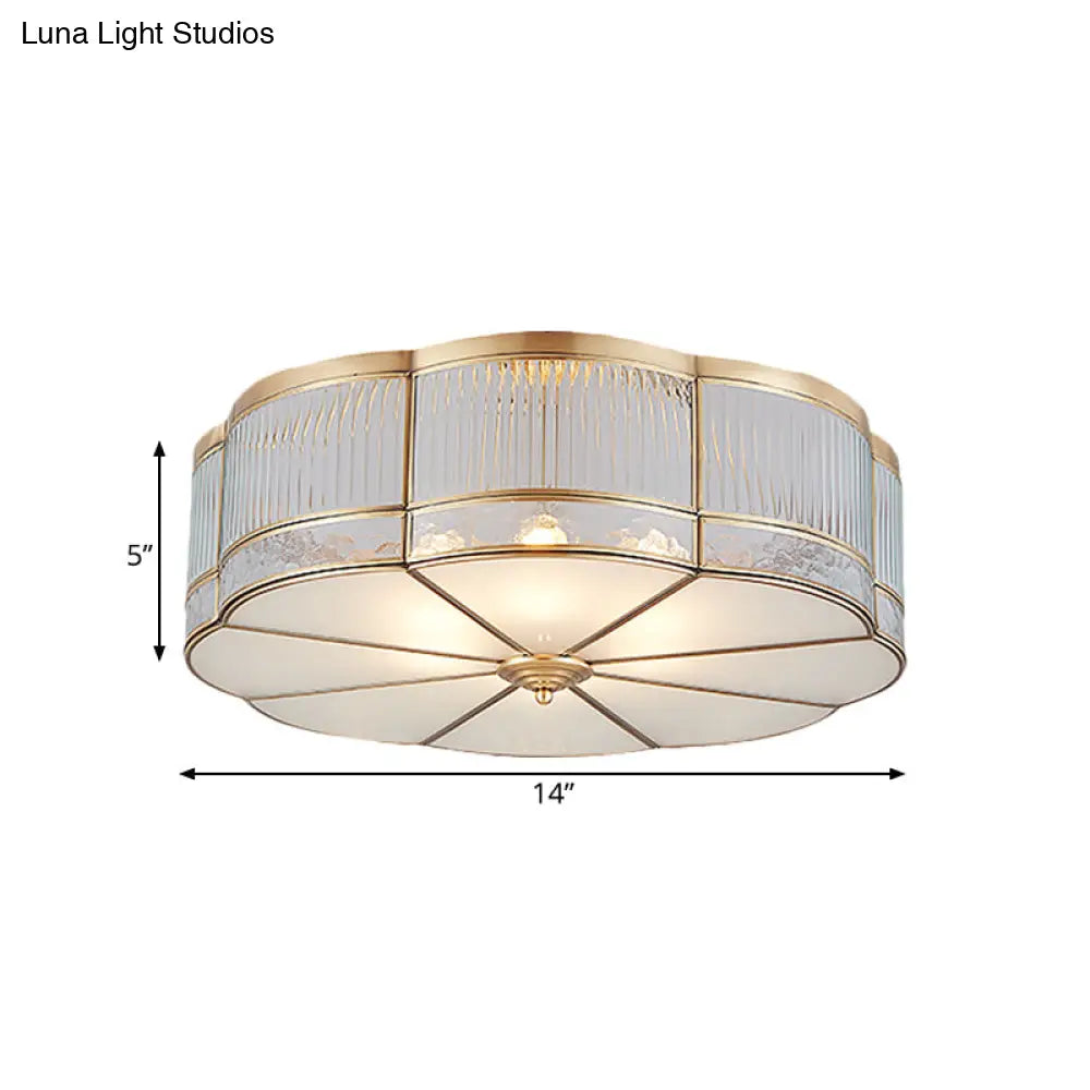 Ribbed Glass Gold Ceiling Flush Mount Lamp - Clover Design With 3/4 Heads Available In 14’ Or