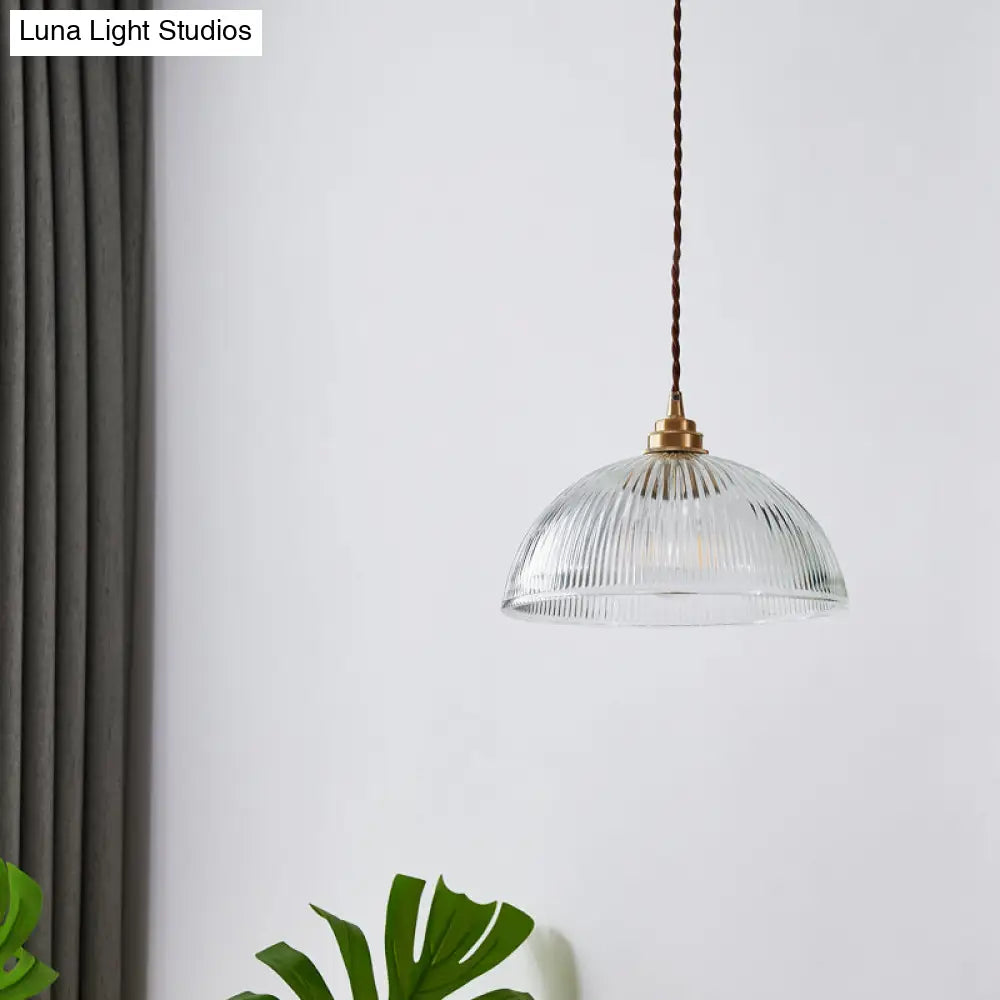 Ribbed Glass Pendant Light - Simplicity Brass Mini Hanging Lamp For Dining Room
