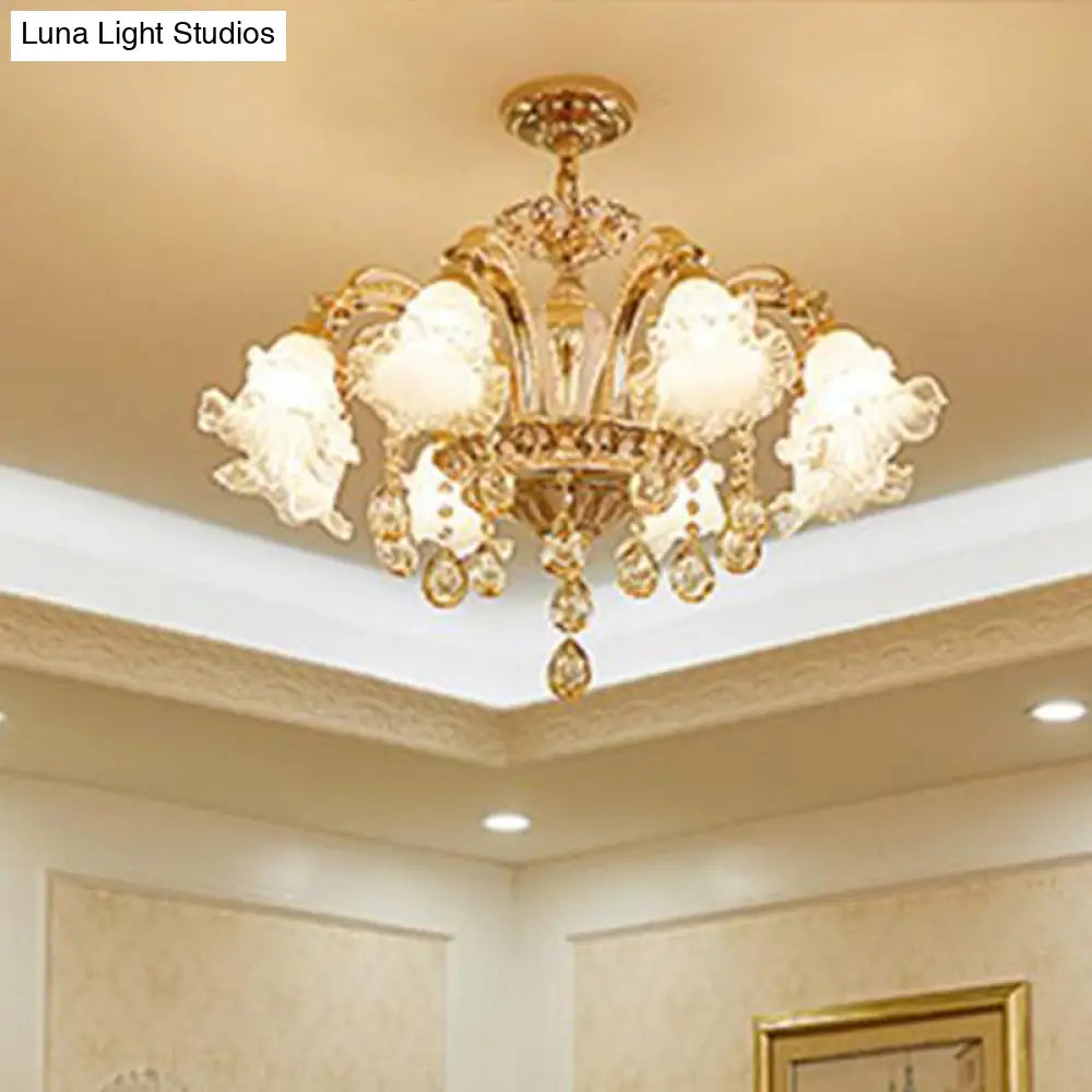 Ribbed Glass Ruffled Flower Chandelier With Crystal Draping - Retro Gold Suspension Light For Living