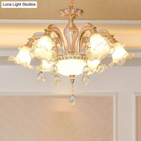 Ribbed Glass Ruffled Flower Chandelier With Crystal Draping - Retro Gold Suspension Light For Living