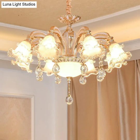 Ribbed Glass Ruffled Flower Chandelier With Crystal Draping - Retro Gold Suspension Light For Living