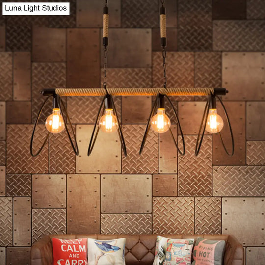 Rijl Al Awwa - Open 4 Lights Rope Chandelier Factory Black Finish Bulb Restaurant Pendant Light