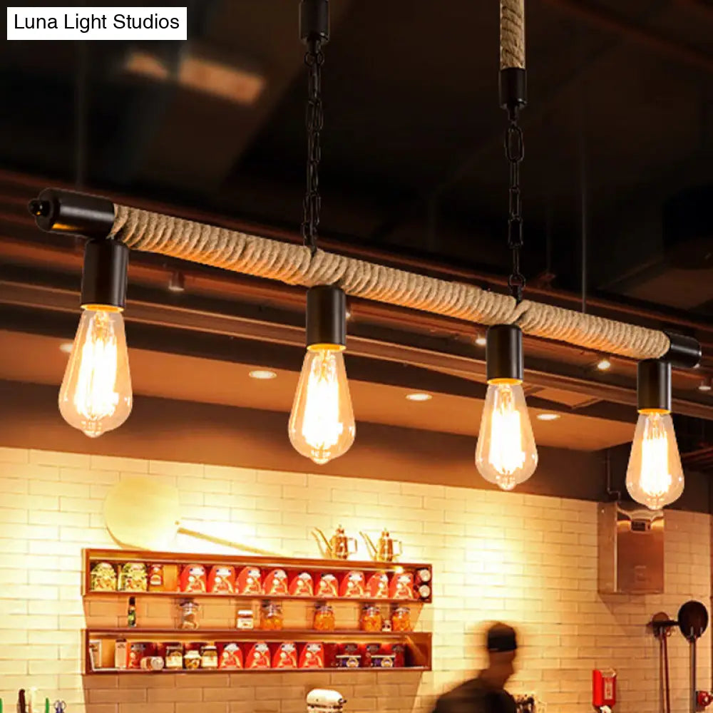Rijl Al Awwa - Open 4 Lights Rope Chandelier Factory Black Finish Bulb Restaurant Pendant Light