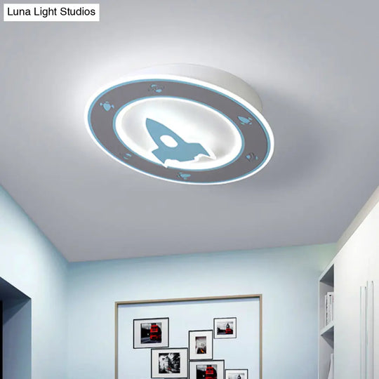 Rocket Led Ceiling Light For Boys Room - Acrylic Flush Mount Fixture In Blue/Red