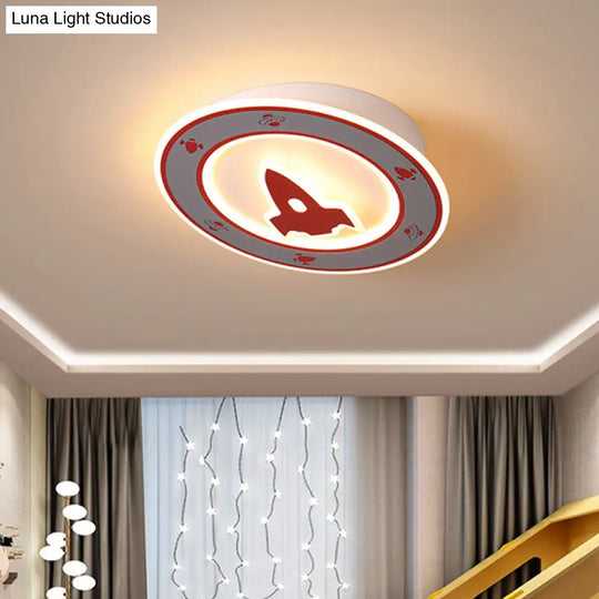 Rocket Led Ceiling Light For Boys Room - Acrylic Flush Mount Fixture In Blue/Red Red