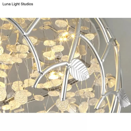 Romantic Chrome Flush Mount Light With Leaf & Crystal Bead Ceiling Fixture For Bedroom