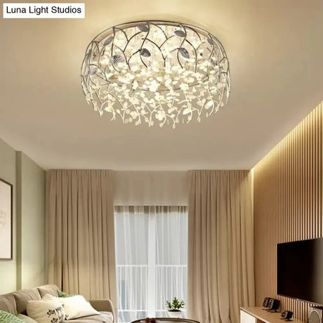 Romantic Chrome Flush Mount Light With Leaf & Crystal Bead Ceiling Fixture For Bedroom