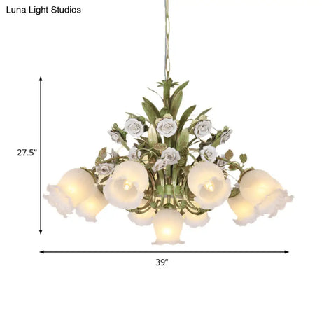 Romantic Cream Glass Green Chandelier With Flower Design - Perfect Lighting Fixture For Living Room