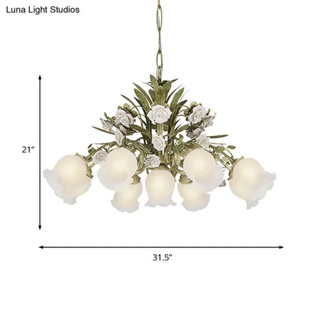 Romantic Cream Glass Green Chandelier With Flower Design - Perfect Lighting Fixture For Living Room