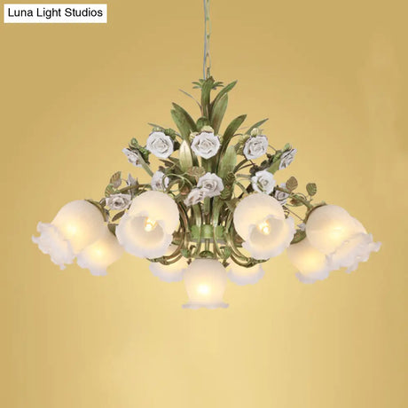 Romantic Cream Glass Green Chandelier With Flower Design - Perfect Lighting Fixture For Living Room
