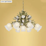 Romantic Cream Glass Green Chandelier With Flower Design - Perfect Lighting Fixture For Living Room