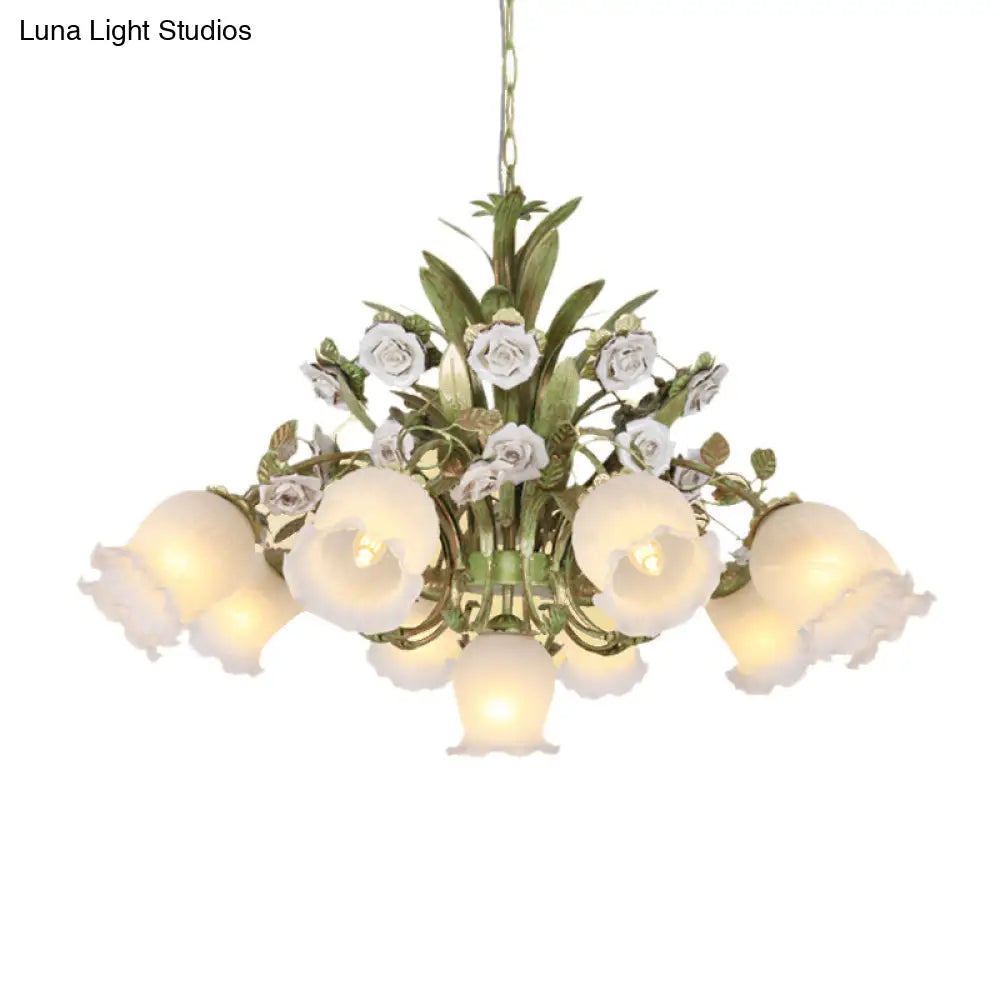 Romantic Cream Glass Green Chandelier With Flower Design - Perfect Lighting Fixture For Living Room