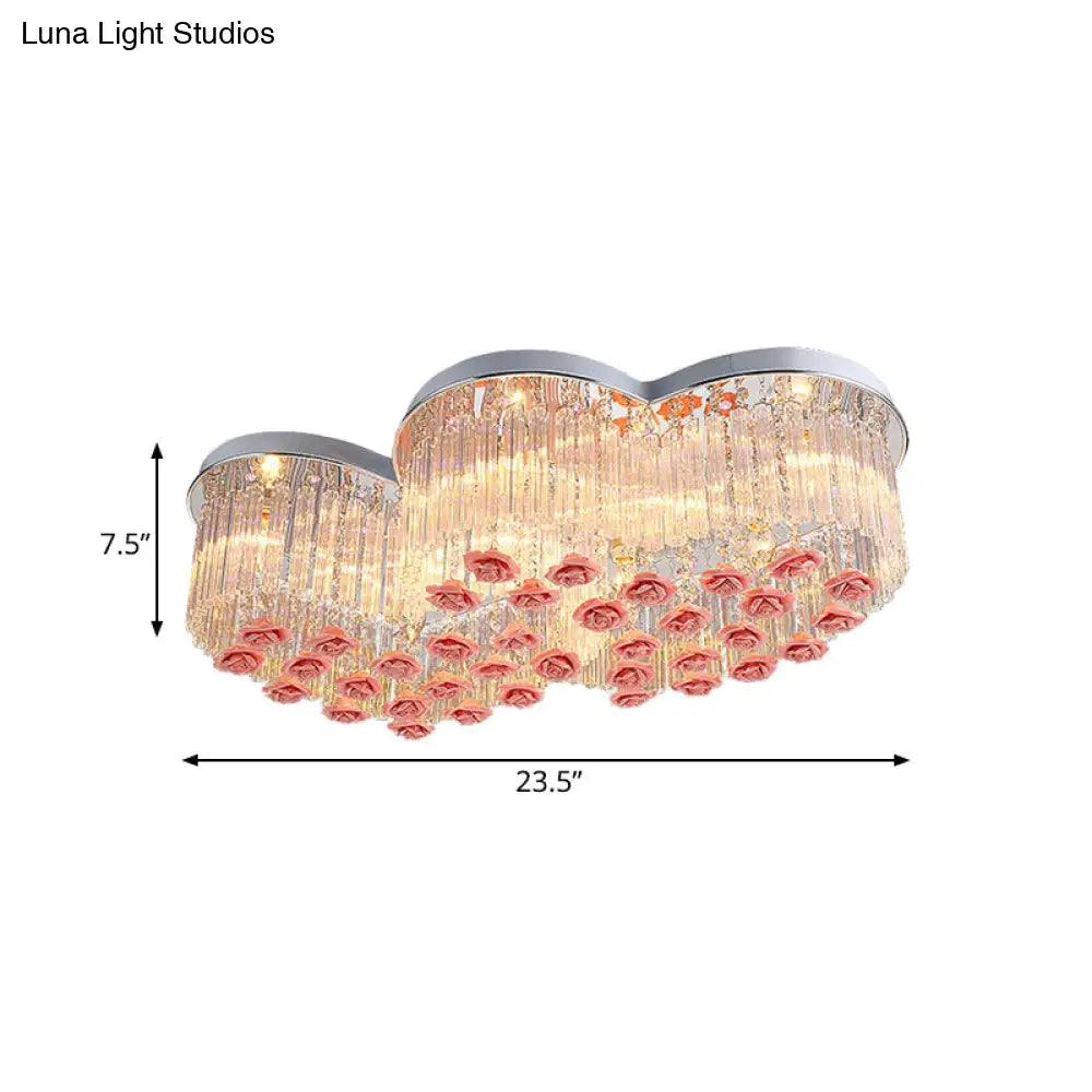 Romantic Crystal Rod Loving Heart Modern 8 - Light Flush Ceiling Light With Pink Ceramic Rose