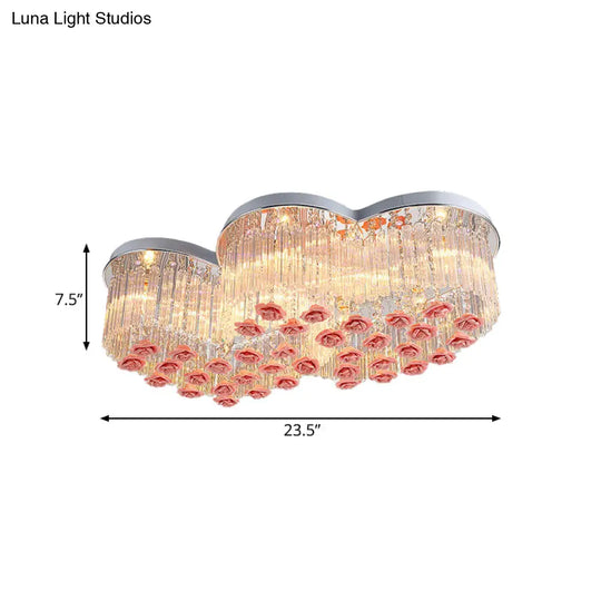 Romantic Crystal Rod Loving Heart Modern 8 - Light Flush Ceiling Light With Pink Ceramic Rose