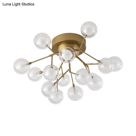 Romantic Gold Plant Semi Ceiling Mount Light For Hotels - Multi - Head Metal Glass Lamp