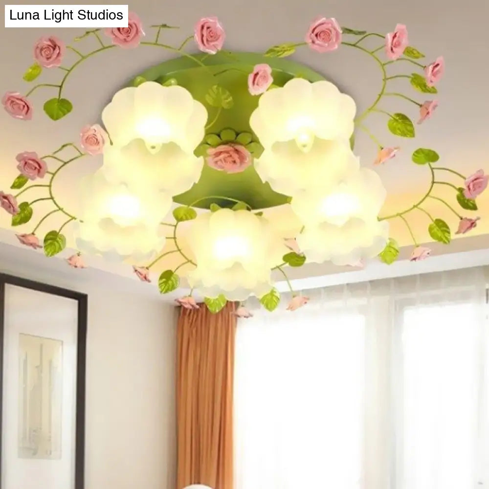Romantic Green Floral Ceiling Light Fixture With 1/3/5 Metal Heads For Living Room Flush Mount
