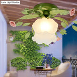 Romantic Green Floral Ceiling Light Fixture With 1/3/5 Metal Heads For Living Room Flush Mount