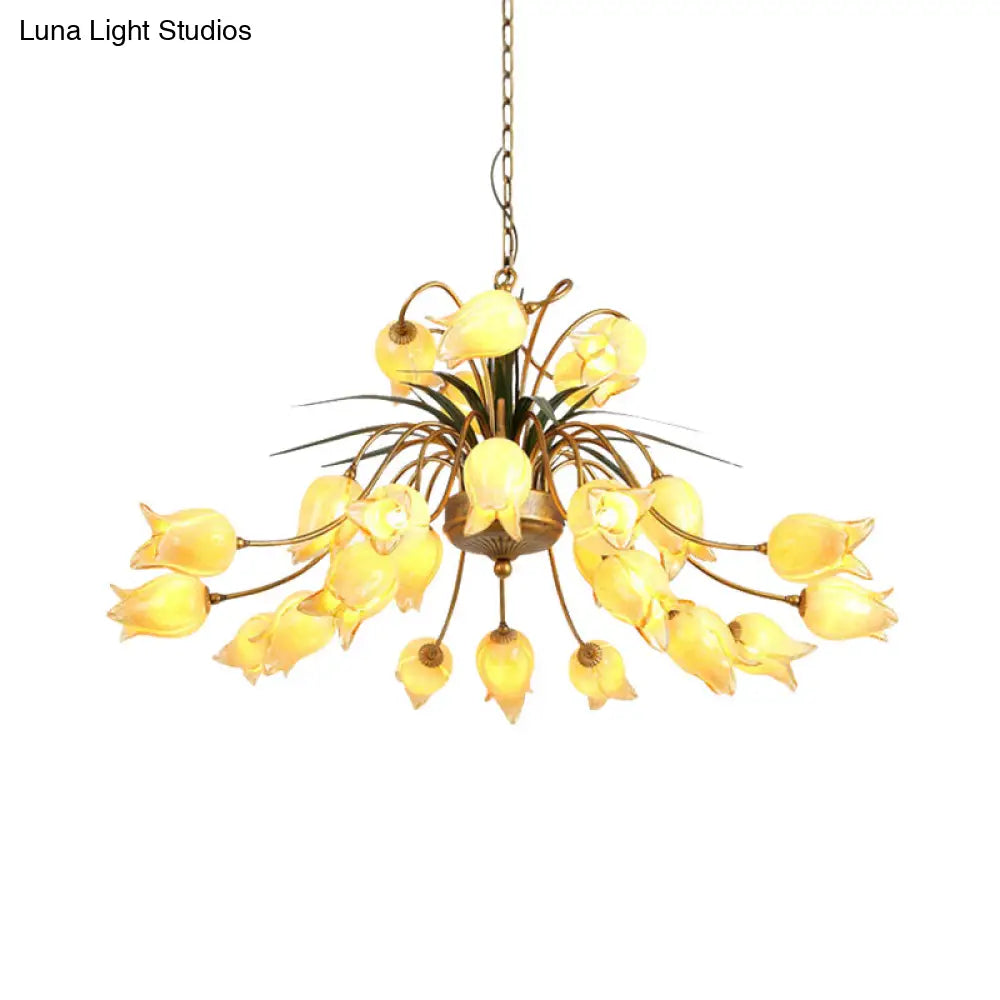 Romantic Metal Tulip/Lily Chandelier Light Fixture - 25-Light Led Ceiling Pendant In Brass For