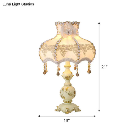 Romantic Pastoral Beige Nightstand Lamp With Braided Trim And Resin Base