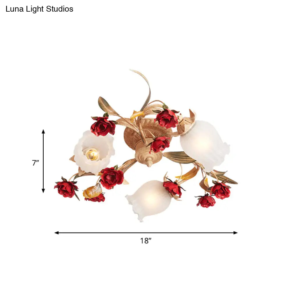 Romantic Pastoral Blossom Bedroom Semi Flush Mount Ceiling Lamp - 3/6 Lights Coffee Metal Design
