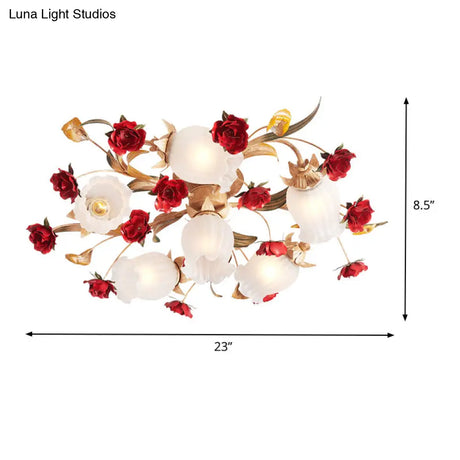 Romantic Pastoral Blossom Bedroom Semi Flush Mount Ceiling Lamp - 3/6 Lights Coffee Metal Design