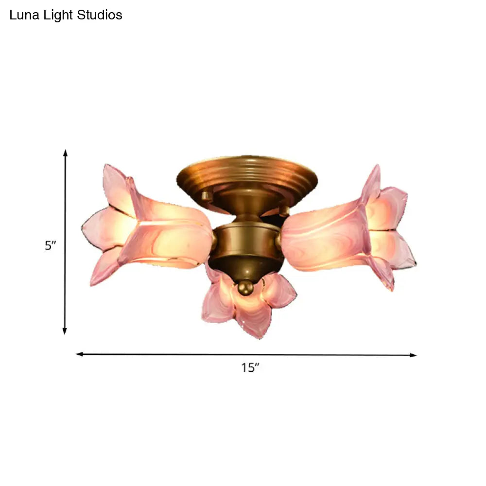 Romantic Pastoral Brass Ceiling Light Fixture With 3 Lily/Tulip Heads And Led Semi Mount For Living
