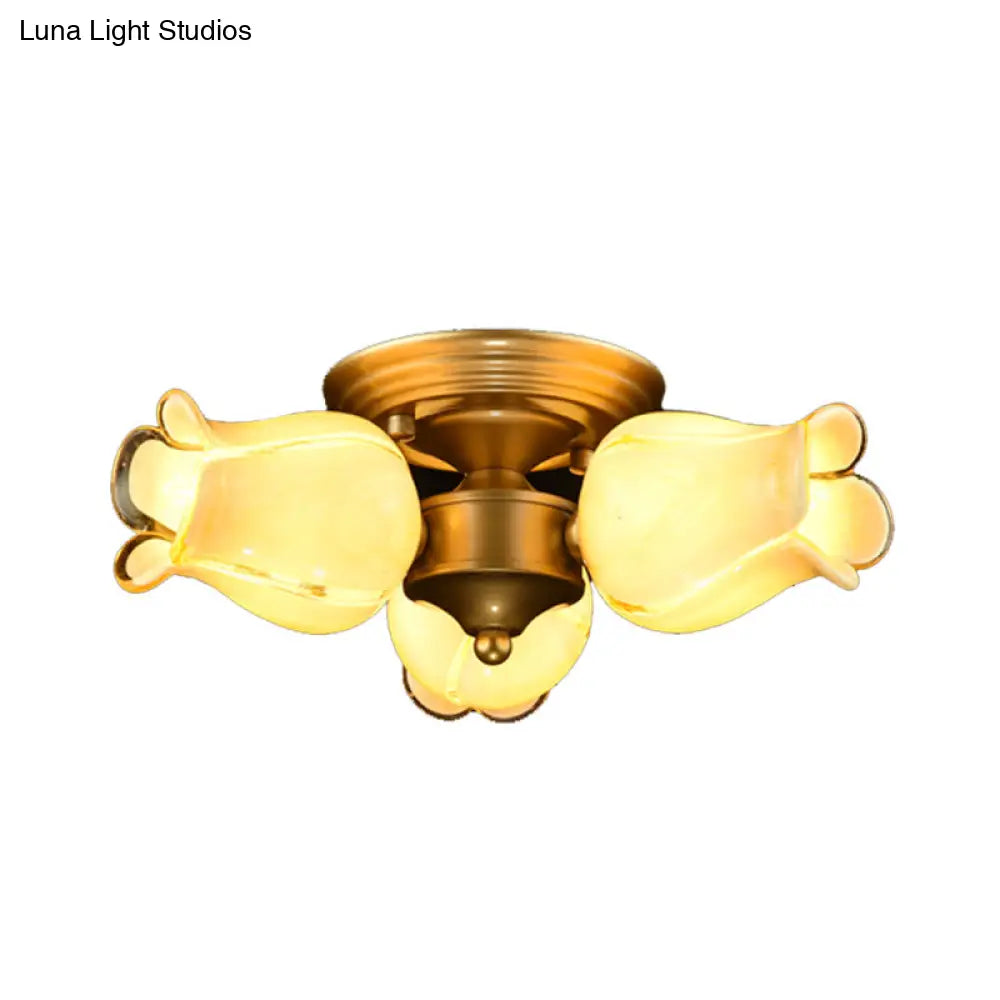 Romantic Pastoral Brass Ceiling Light Fixture With 3 Lily/Tulip Heads And Led Semi Mount For Living
