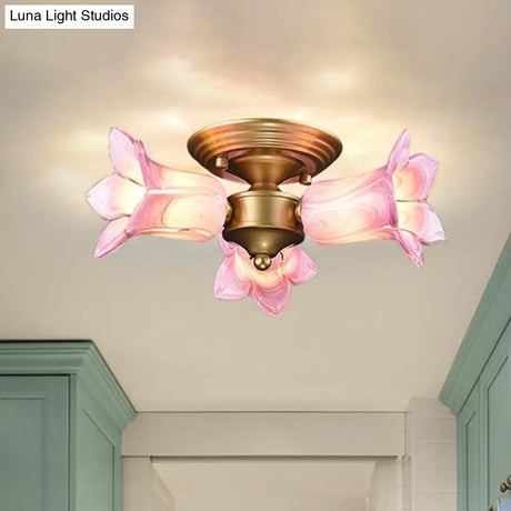 Romantic Pastoral Brass Ceiling Light Fixture With 3 Lily/Tulip Heads And Led Semi Mount For Living