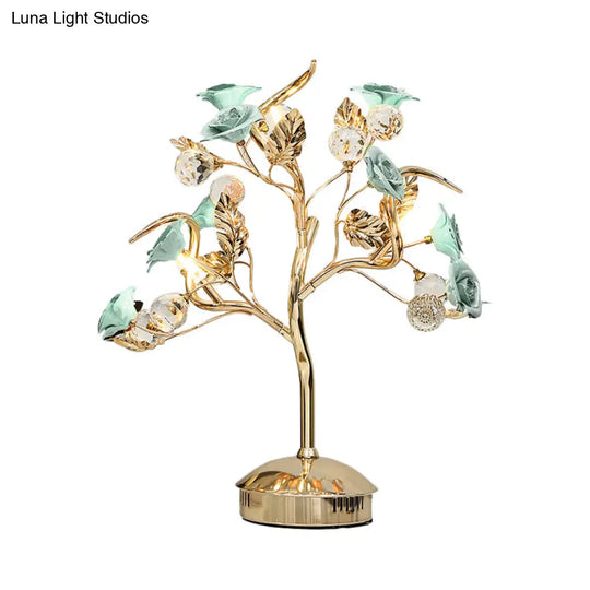 Romantic Pastoral Ceramic Flowering Tree Table Lamp With 3-Head Nightstand Light