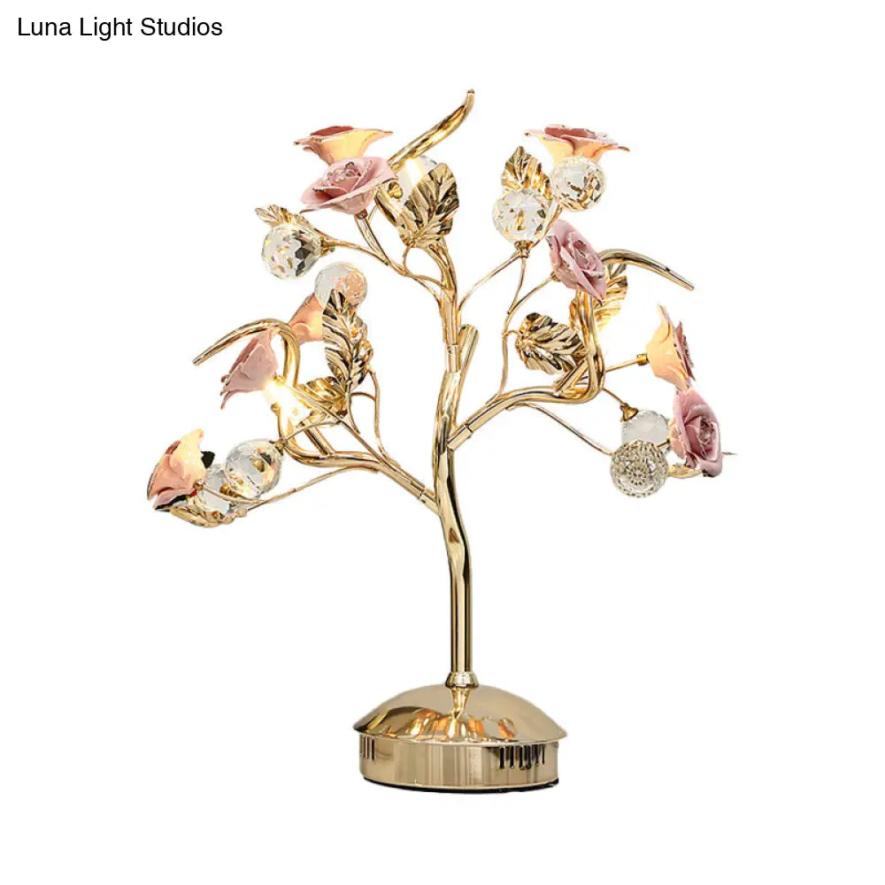 Romantic Pastoral Ceramic Flowering Tree Table Lamp With 3-Head Nightstand Light