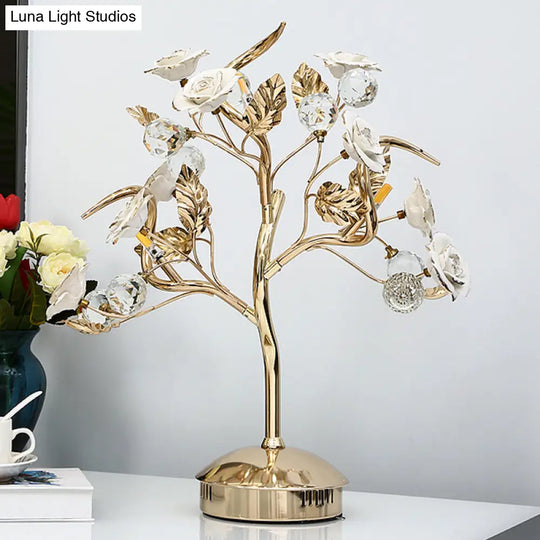 Romantic Pastoral Ceramic Flowering Tree Table Lamp With 3-Head Nightstand Light