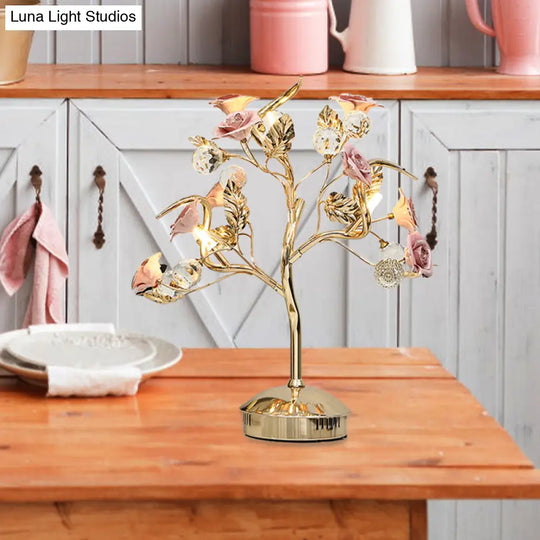 Romantic Pastoral Ceramic Flowering Tree Table Lamp With 3-Head Nightstand Light