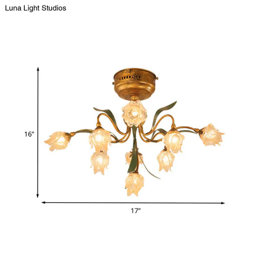 Romantic Pastoral Living Room Led Ceiling Lamp With Flower Frosted Glass In Brass - 9-Head Semi