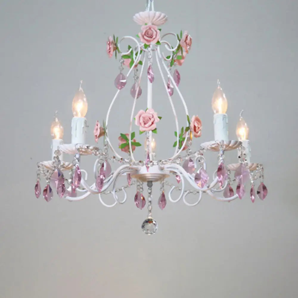 Romantic White Candlestick Chandelier With Pink Rose & Crystal Accents - Ceiling Light For Bedroom 5