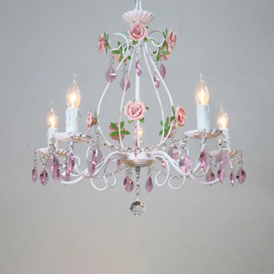 Romantic White Candlestick Chandelier With Pink Rose & Crystal Accents - Ceiling Light For Bedroom 5