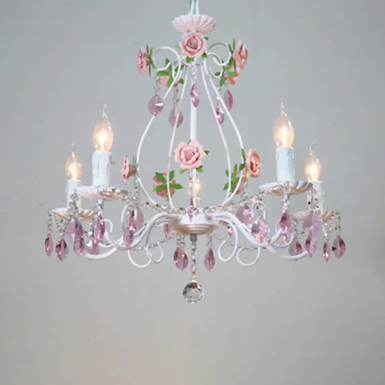 Romantic White Candlestick Chandelier With Pink Rose & Crystal Accents - Ceiling Light For Bedroom 6